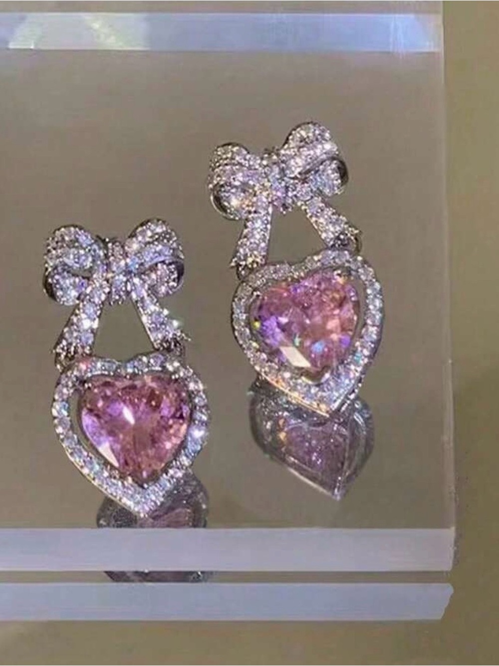 Sparkling Pink Heart Bow Drop Earrings - Women Jewelry